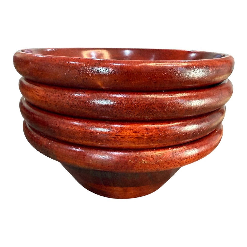 Vintage Set of 4 Mahogany Finish Wooden Salad Bowls Stackable Rustic Decor